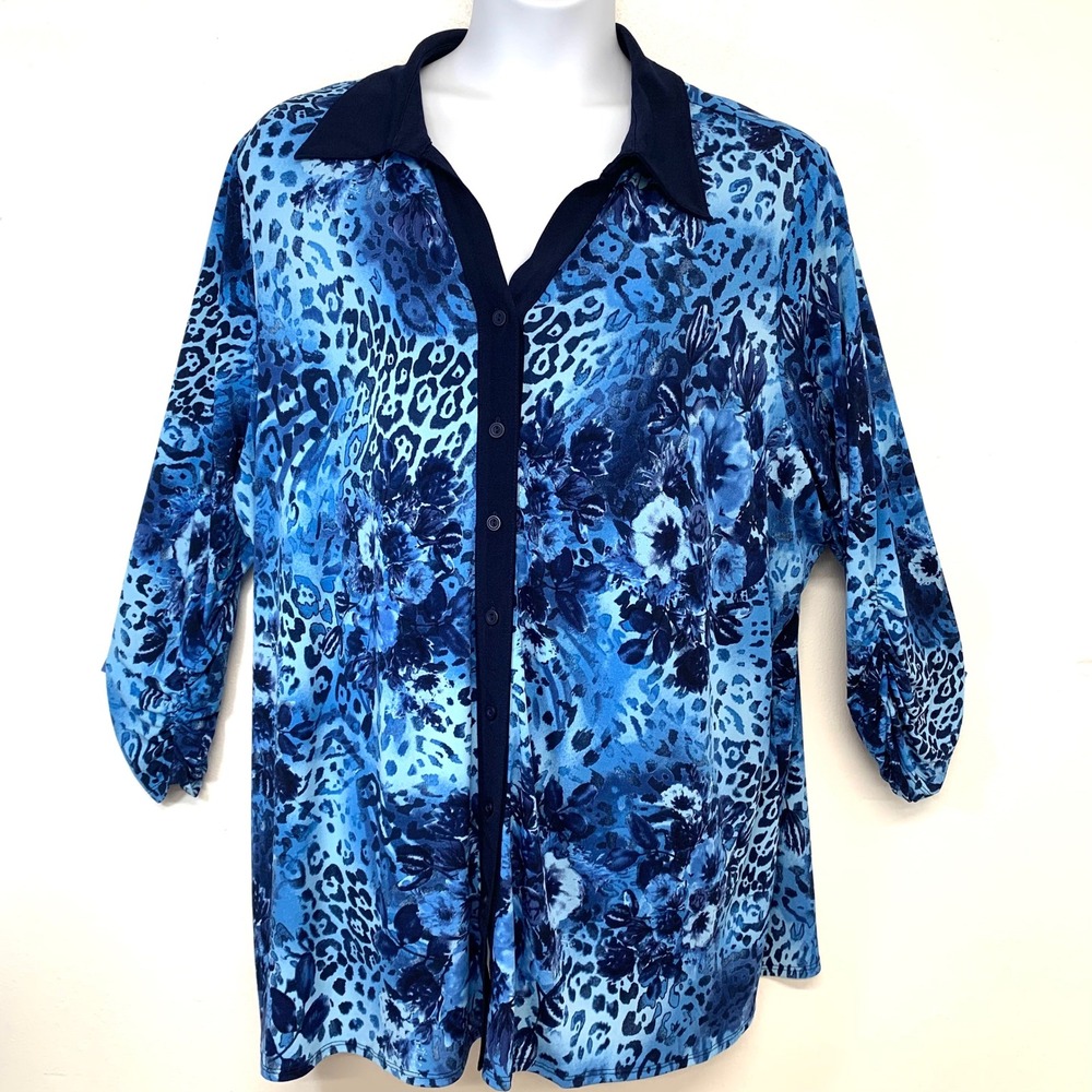Susan Graver Liquid Knit Button Front Top Blue Print Ruched 3/4 Sleeve 3X